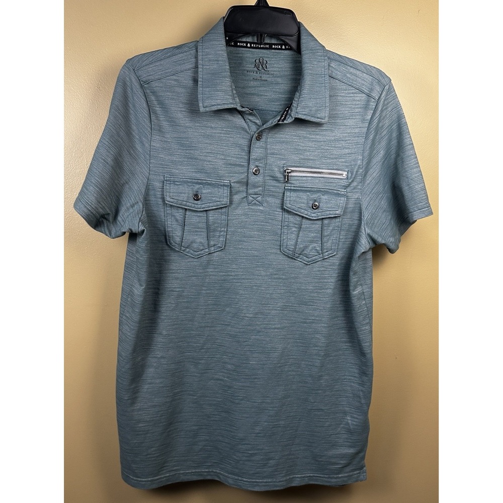 Rock & Republic Polo Shirt Zipper Pocket Heather Blue-Green‎ Men's Size Medium